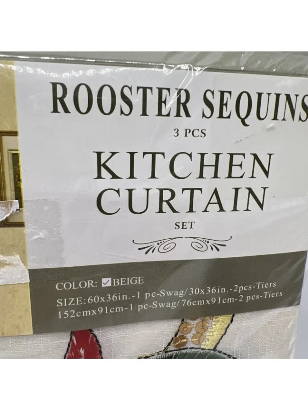 Rooster Sequins Kitchen Curtains 3 Piece Swag Tiers Farmhouse